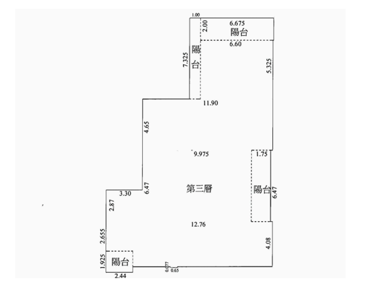 第三層建物平面圖，標示三處陽台位置與各面尺寸